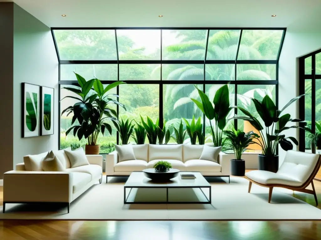 Un salón moderno con plantas de interior desintoxicantes, iluminado por luz natural, transmite calma y frescura urbana