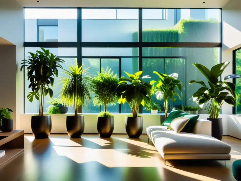 Un salón moderno con plantas de interior para purificar aire, elegante y sereno, iluminado por la luz del sol