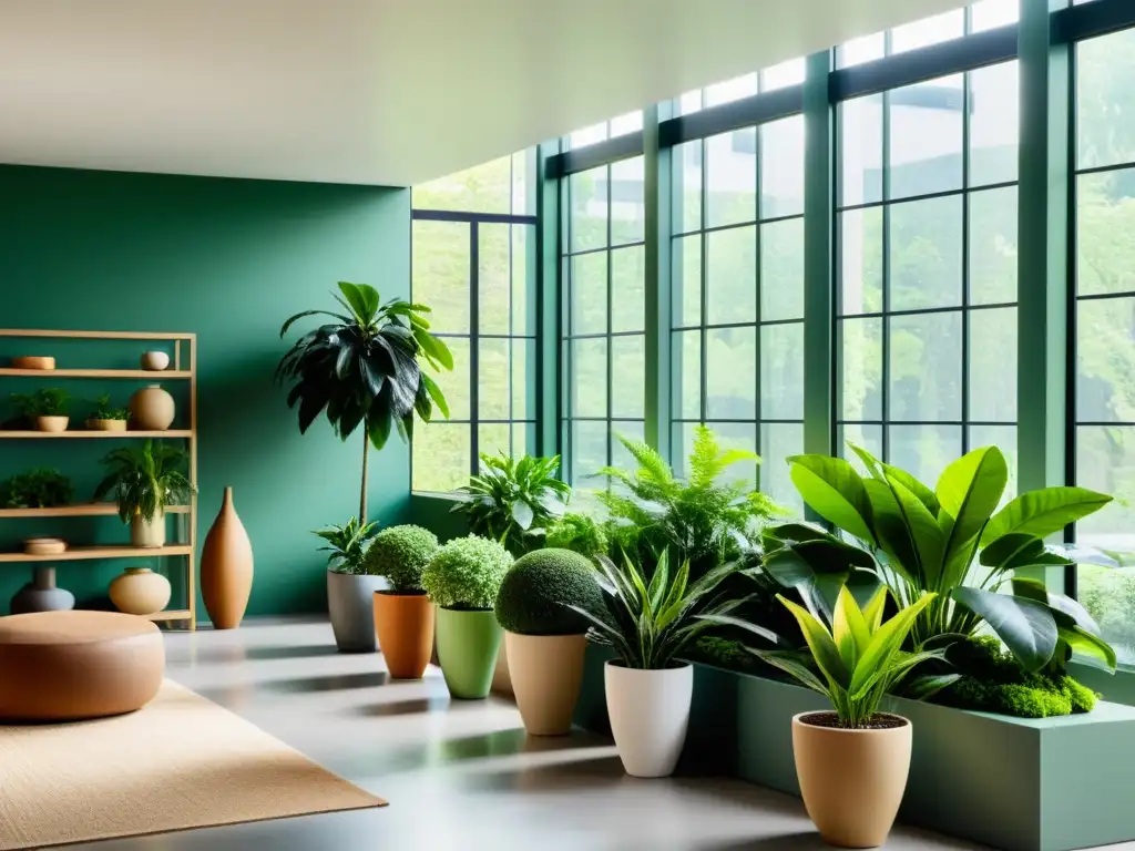 Un salón moderno con plantas de interior para vacaciones, resplandeciendo en la luz natural, creando un ambiente sereno y acogedor