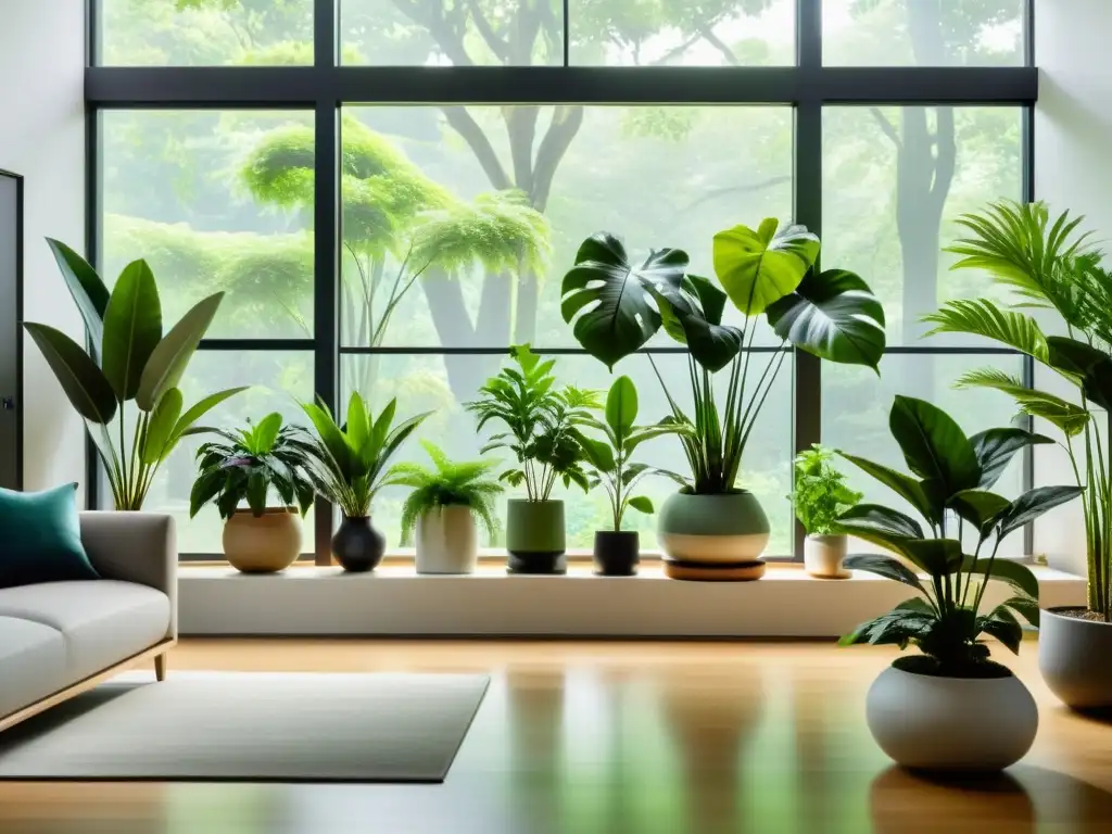 Un salón moderno con plantas de interior desintoxicantes en elegantes macetas, bañado por luz natural