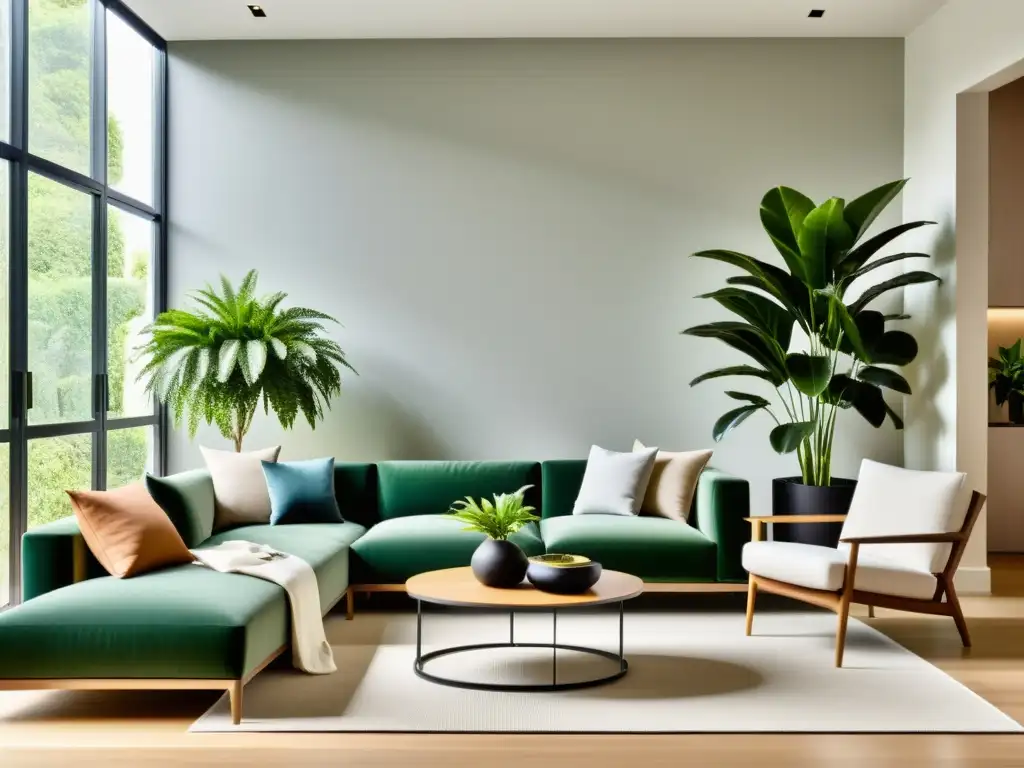 Salón moderno con plantas de interior, exudando tranquilidad y elegancia