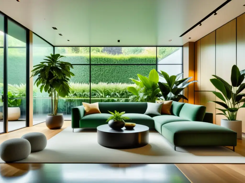 Salón moderno con plantas de interior para eficiencia energética y sensación de tranquilidad gracias a la luz natural