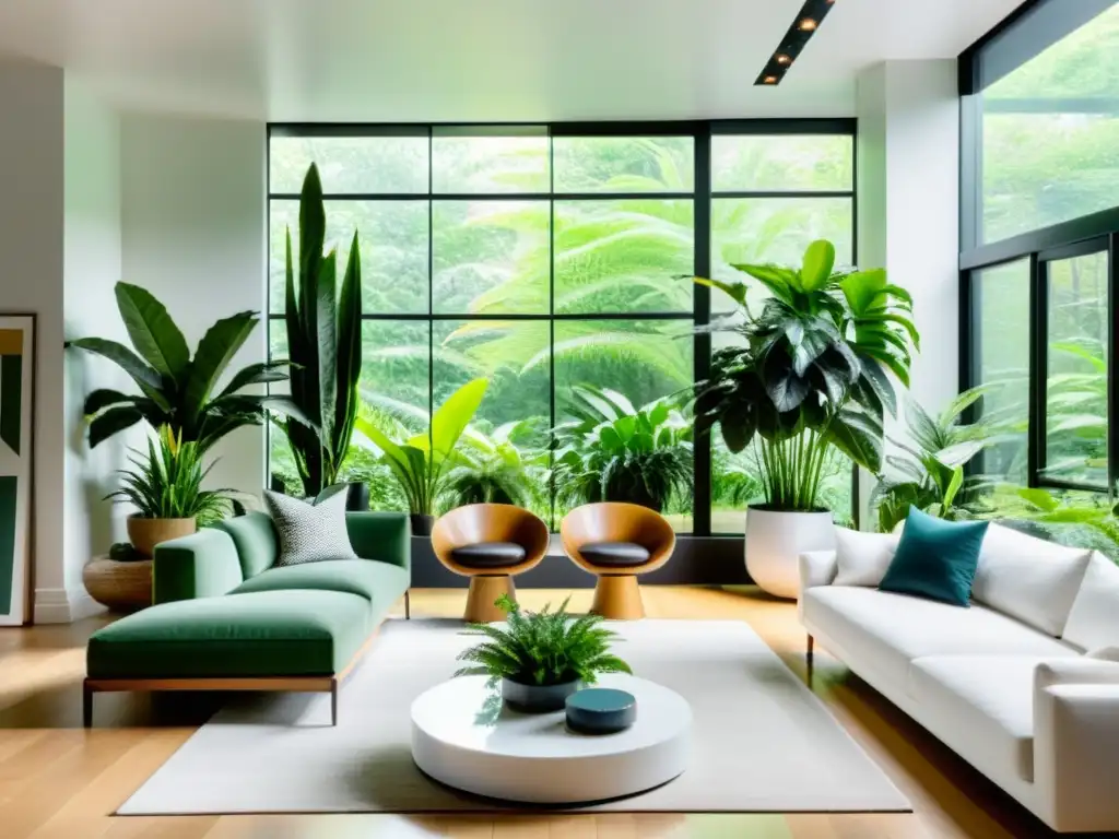 Un salón moderno con plantas de interior que reducen ruido, iluminado por luz natural y con decoración minimalista en tonos neutros