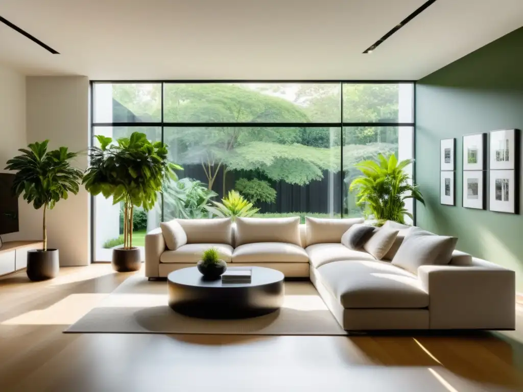 Salón moderno con plantas de interior, diseño minimalista y vistas a un jardín exuberante, evocando beneficios emocionales de la naturaleza