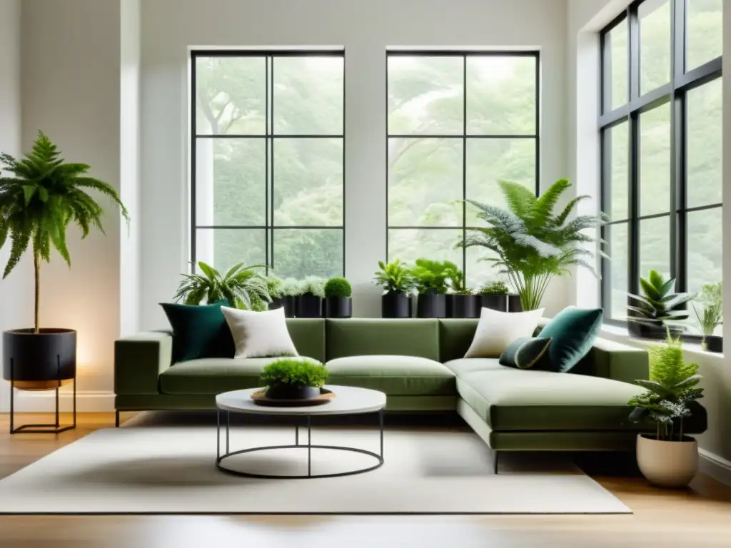 Salón moderno con plantas nórdicas para decoración interior, creando un ambiente sereno y elegante con líneas limpias y tonos neutros