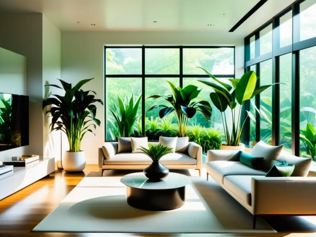 Un salón moderno con plantas purificadoras de aire para interiores, lleno de luz natural y elegancia natural