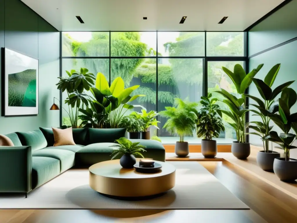 Salón moderno con plantas de interior purificadoras aire en macetas minimalistas, bañado por luz natural