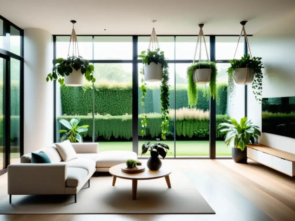 Salón moderno con plantas trepadoras para interiores en maceteros blancos, iluminado por luz natural difusa