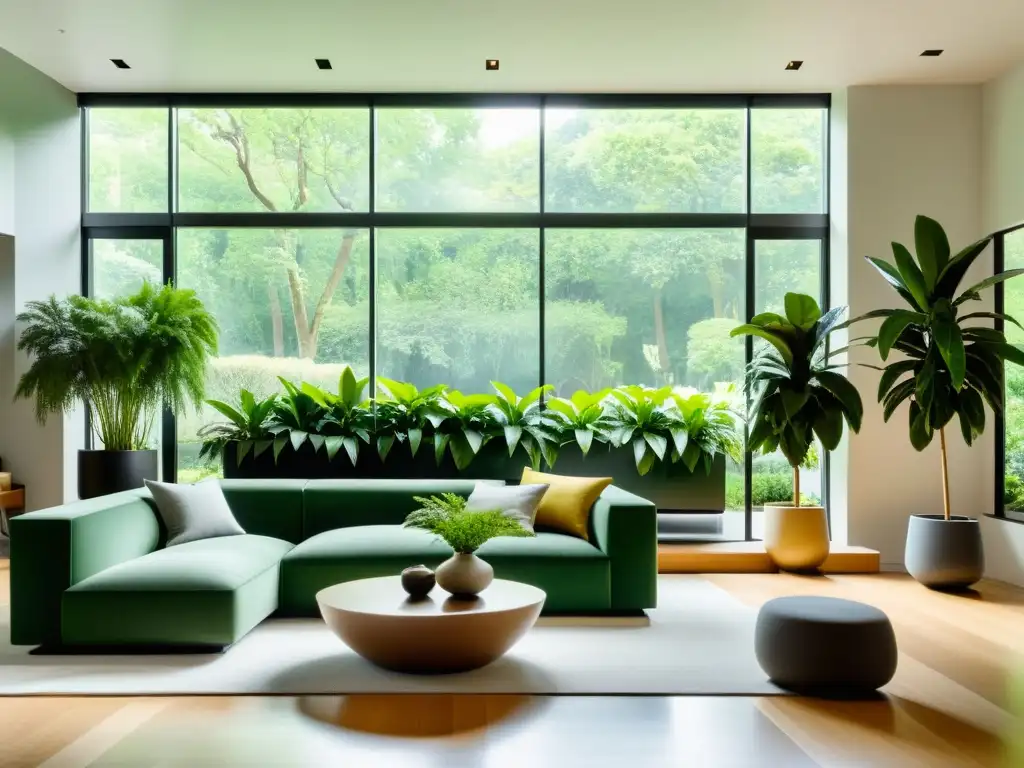 Un salón moderno con plantas verdes en macetas neutras, combinaciones plantas colores estimulan bienestar