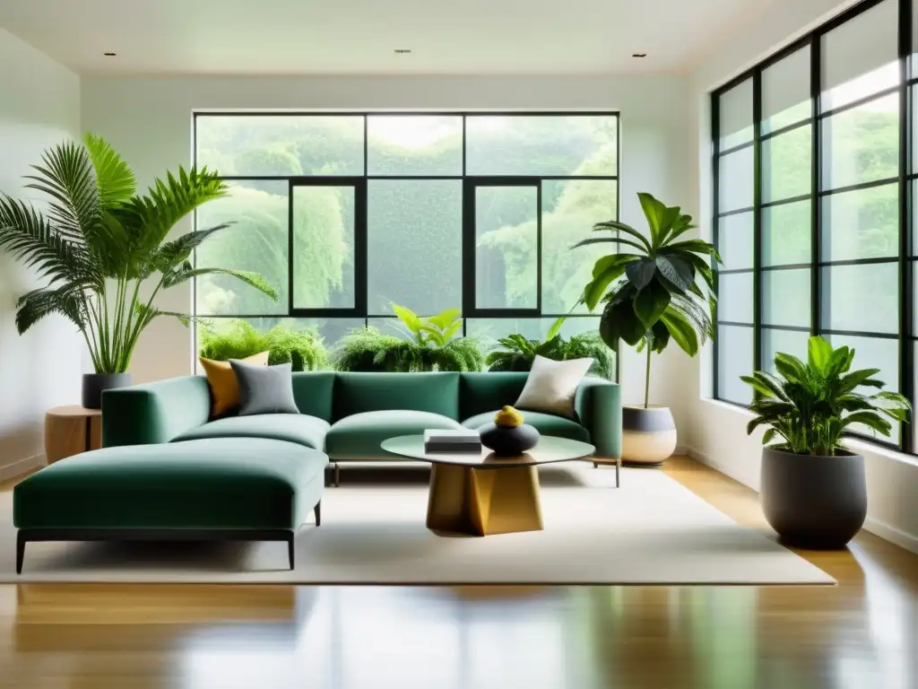 Salón moderno con plantas vibrantes Un salón moderno con plantas vibrantes y librería, creando un ambiente armonioso