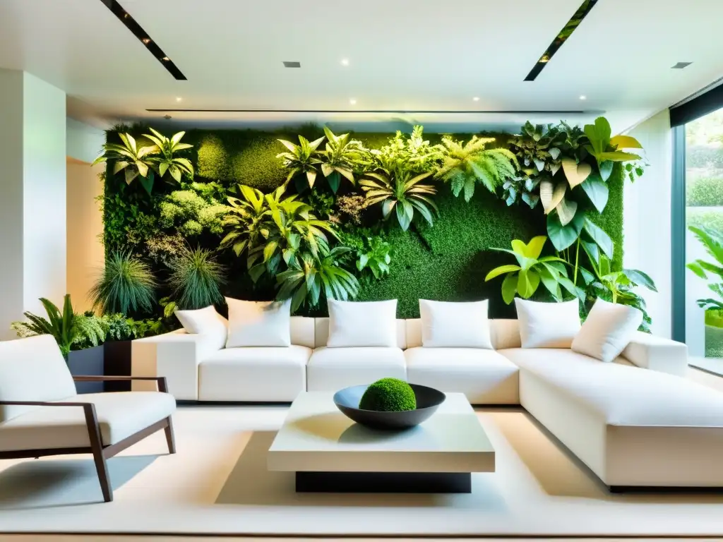 Salón moderno y sereno con jardín vertical, plantas verdes en macetas blancas