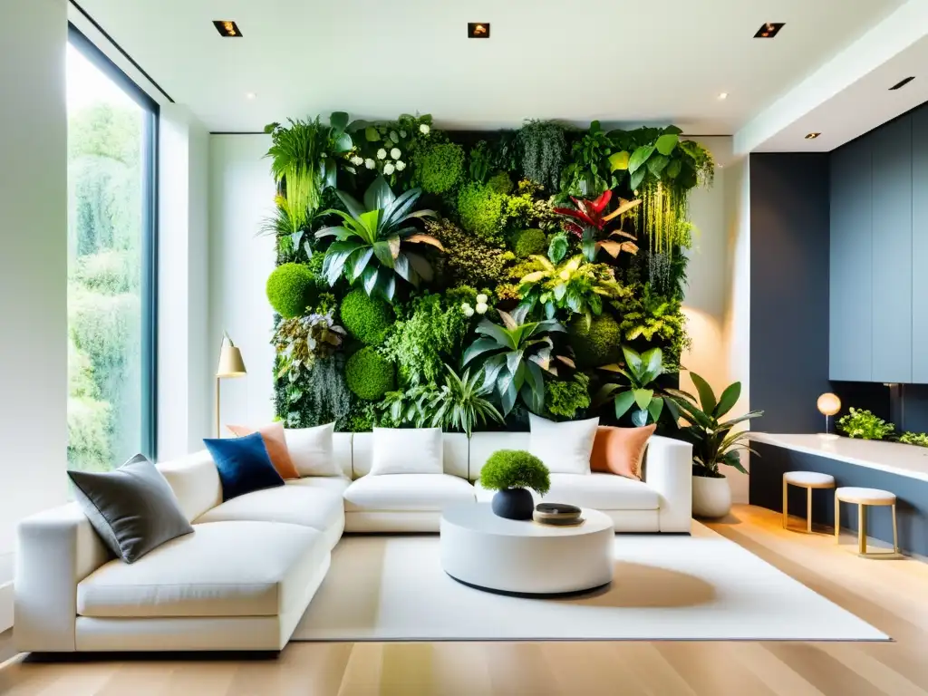 Salón moderno con jardín vertical, tendencias cuidado plantas interiores