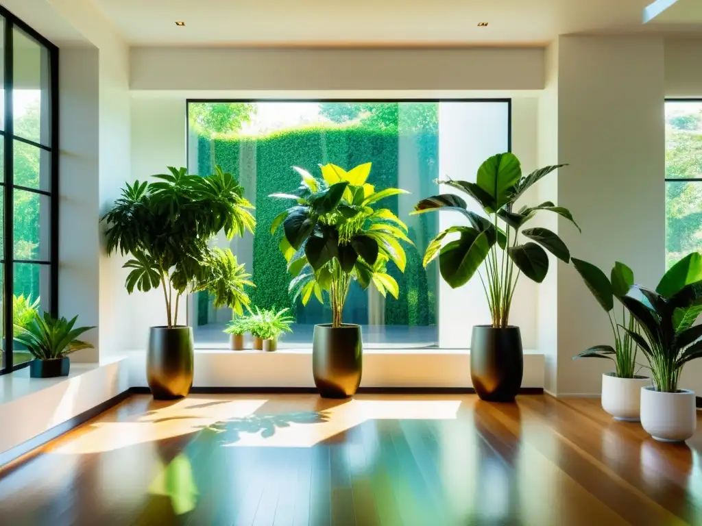 Salón con plantas de interior y estrategias de ventilación, bañado por luz natural, creando un ambiente sereno y fresco