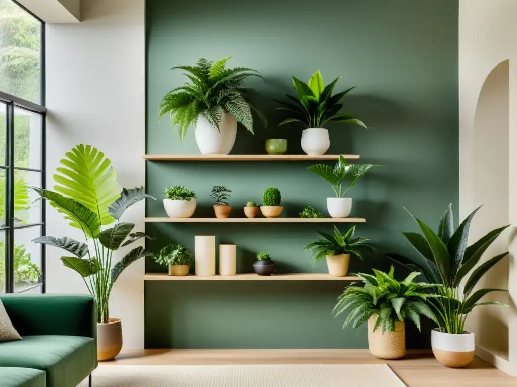 Un salón sereno y minimalista que combina tonos de plantas en el interior, creando un efecto armonioso y calmante