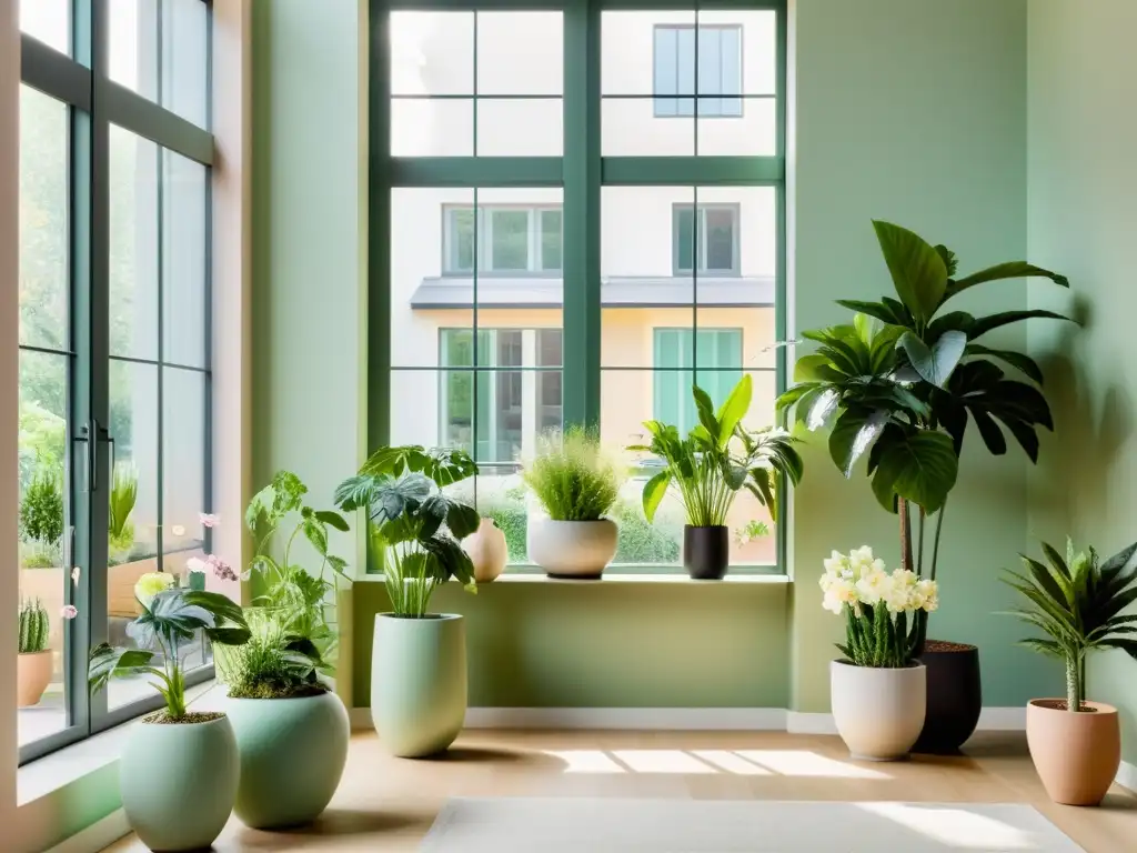 Un salón soleado con combinaciones de plantas de interior estacionales en macetas modernas, evocando una atmósfera serena de primavera