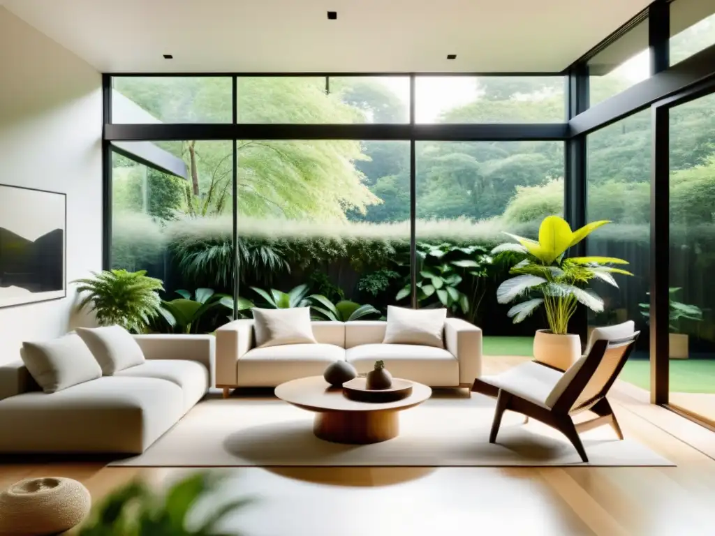 Un salón tranquilo y minimalista con luz natural que resalta plantas y un jardín exuberante, aplicando principios básicos de biofilia en el hogar