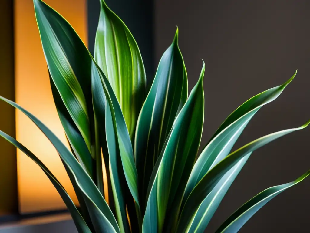 Sansevieria trifasciata vibrante en interior con baja luz, destacando su elegante silueta y la serena atmósfera del entorno