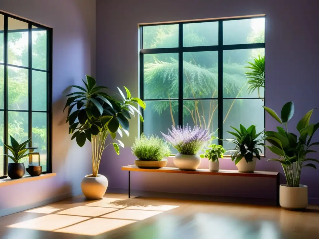 Un santuario de aromaterapia con plantas de interior para aromaterapia, iluminado por la suave luz natural, creando un espacio sereno y acogedor