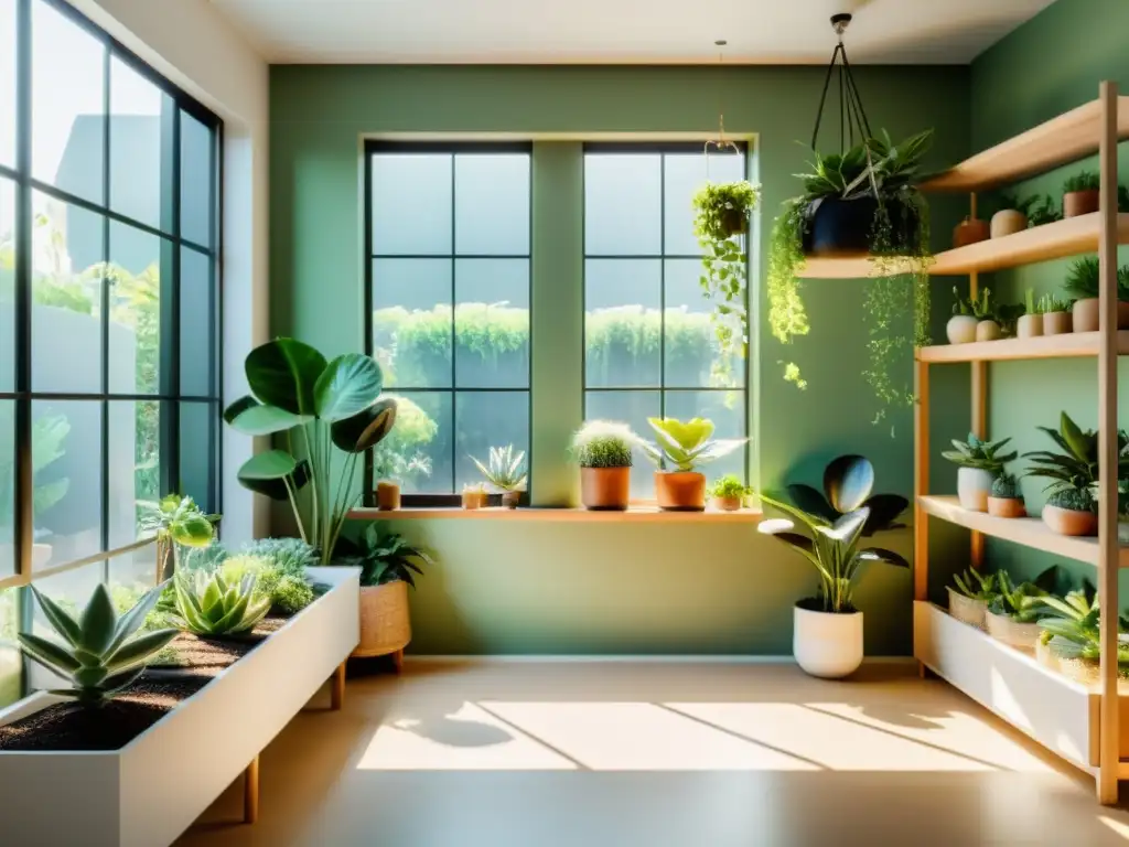 Un santuario interior con plantas estratégicamente ubicadas, filtrando luz natural