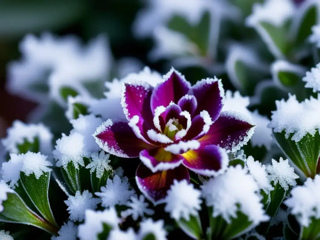 Una saxifraga púrpura entre la nieve, muestra la belleza y resistencia de las plantas alpinas