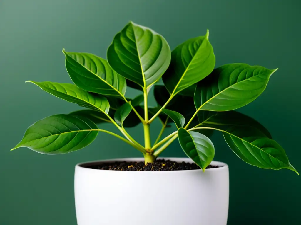 Una Schefflera saludable en maceta blanca, realzando su elegante estética minimalista