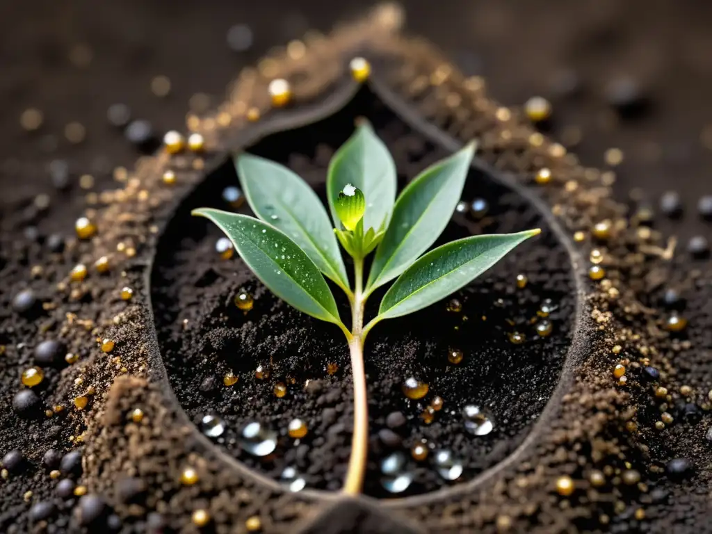 Semilla de planta en suelo húmedo con raíces creciendo, ilustrando técnicas de propagación de plantas de interior con detalle y belleza natural