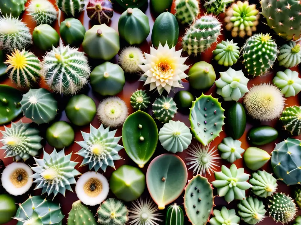 Semillas de cactus exóticos en patrón elegante sobre fondo blanco, detalle y diversidad capturados en imagen 8k