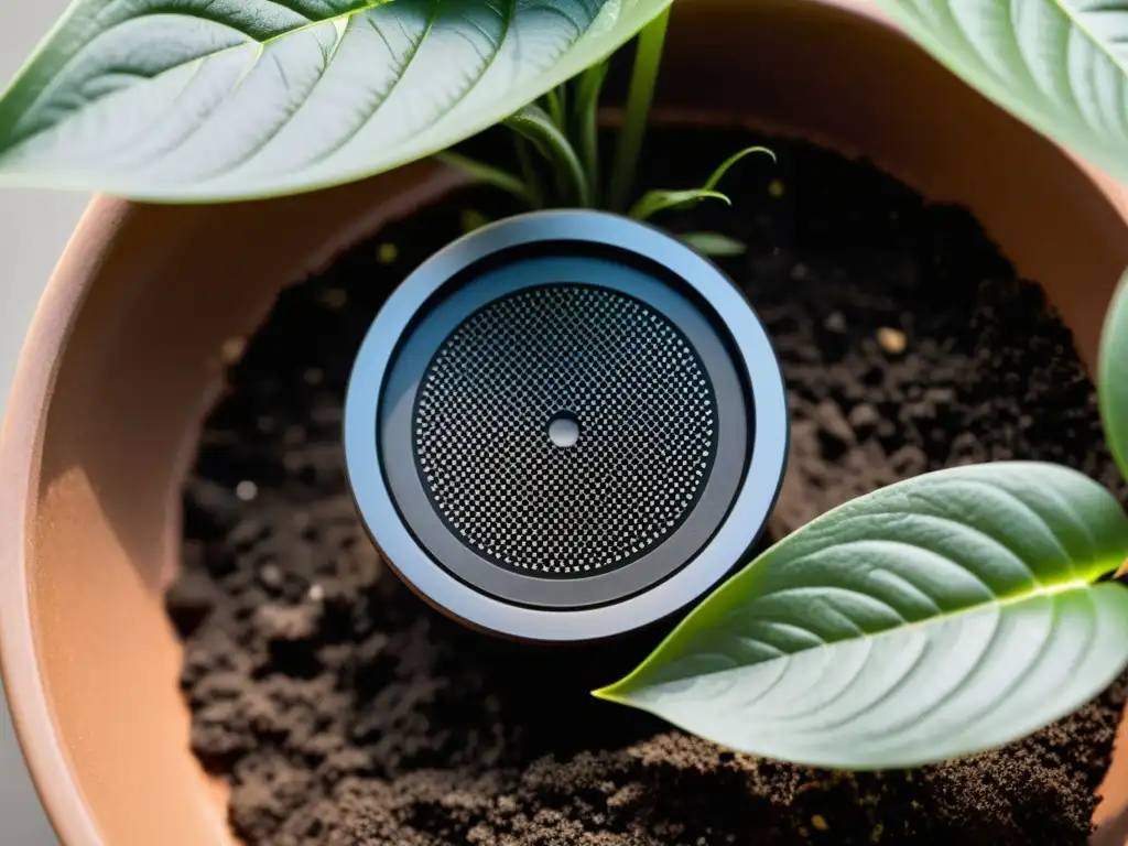 Sensor de humedad y luz para plantas en suelo oscuro y fértil, tecnología avanzada en detalle