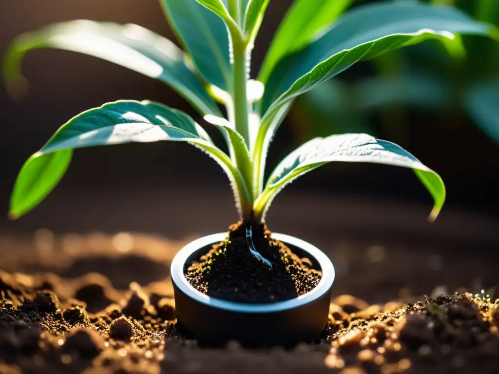 Un sensor de humedad y luz para plantas en suelo fértil, con gotas de agua y luz natural