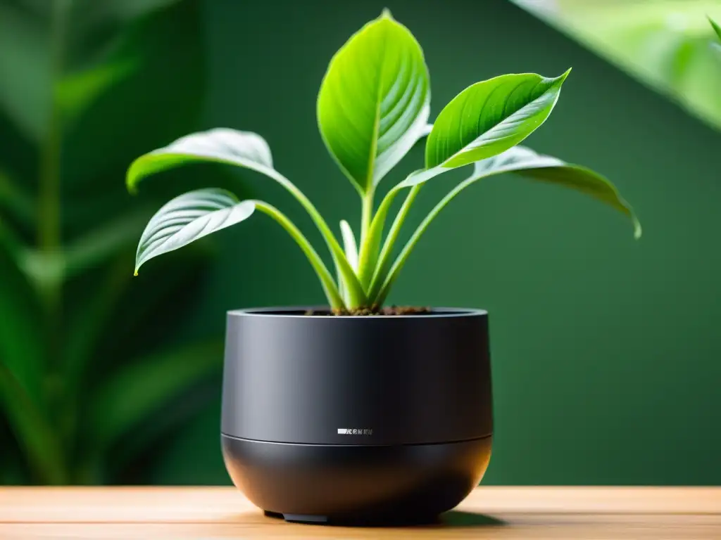 Sensor de humedad y luz para plantas en entorno natural, con pantalla digital y diseño minimalista en negro mate