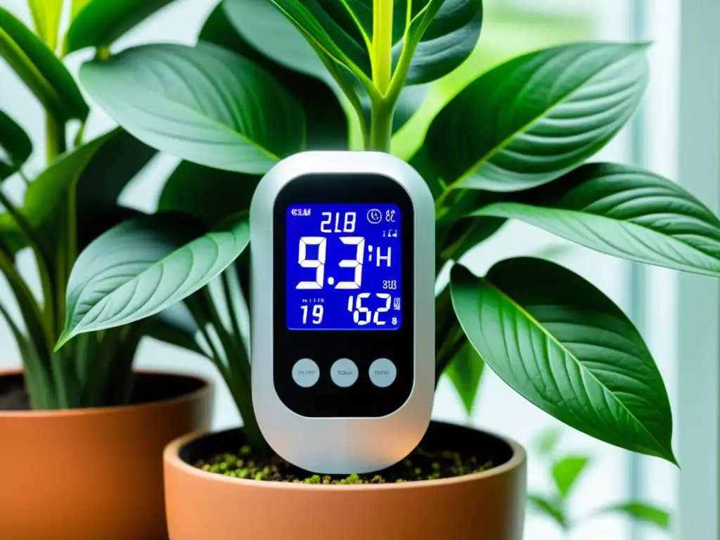 Un sensor de humedad y luz para plantas, con diseño moderno, rodeado de exuberante vegetación