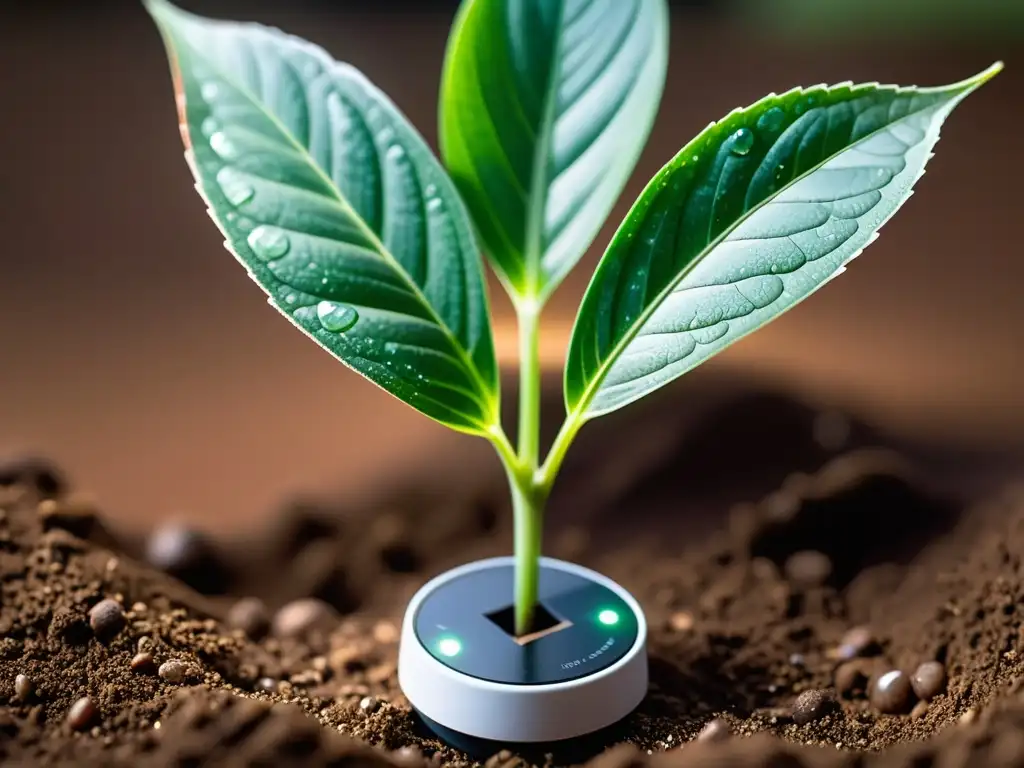 Sensor de humedad y luz para plantas en suelo con planta verde vibrante y gotas de agua