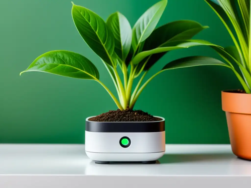 Un sensor de humedad para plantas de interior moderno y elegante junto a una exuberante planta verde en maceta