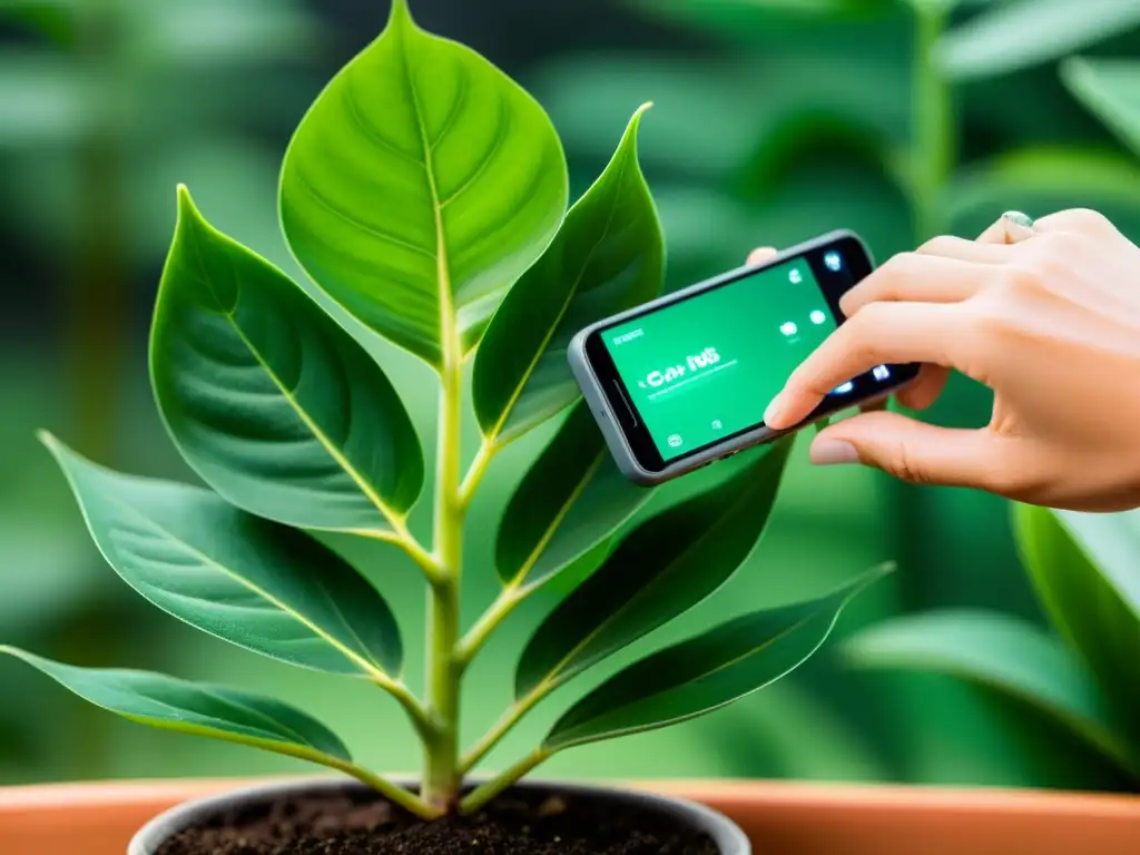 Sensor de humedad para plantas de interior conectado a smartphone, integrando tecnología moderna con la naturaleza vibrante de la planta