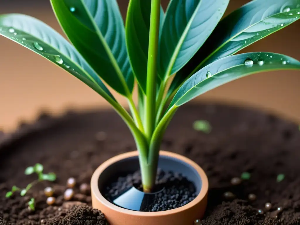 Un sensor de humedad para plantas de interior, moderno y elegante, en contraste con la exuberancia de las hojas verdes