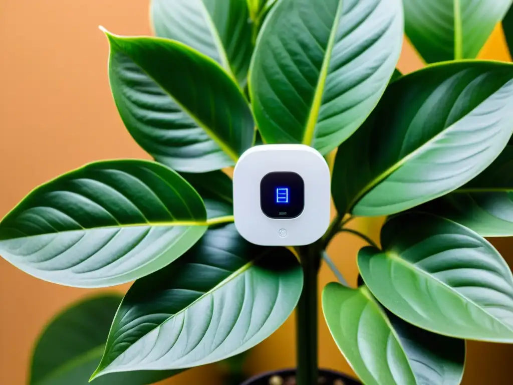 Un sensor de humedad para plantas de interior, con diseño moderno, entre exuberante follaje verde