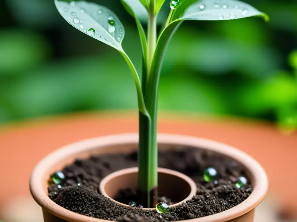 Sensor de humedad para plantas de interior conectado a un sistema de riego moderno, en un entorno armonioso entre tecnología y naturaleza