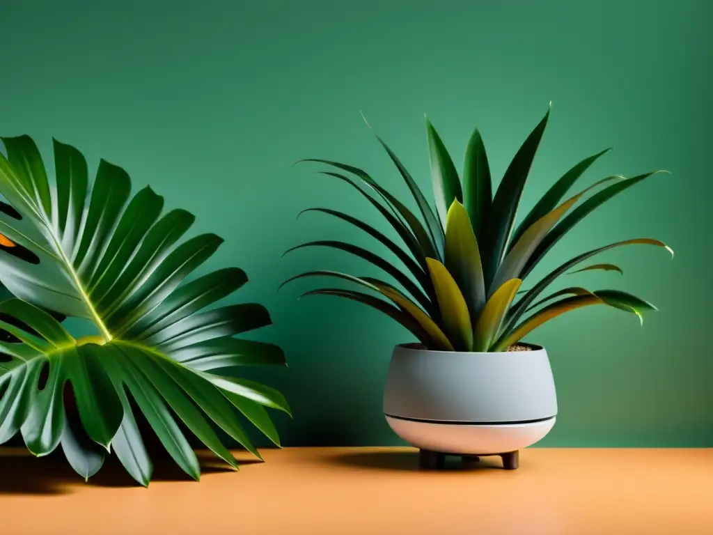 Sensor de planta interior elegante rodeado de plantas vibrantes y saludables, integrando tecnología y naturaleza