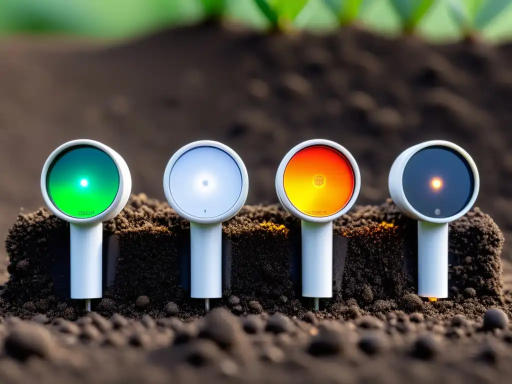 Tres sensores de humedad para plantas de interior en fila sobre fondo blanco, con luces LED de colores