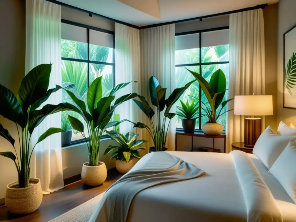 Una serena habitación con plantas de interior para dormir mejor, iluminada por luz de luna suave y decoración minimalista