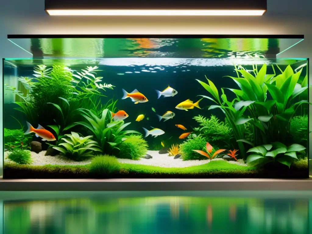 Un sereno jardín acuático en interiores con peces coloridos entre plantas exuberantes