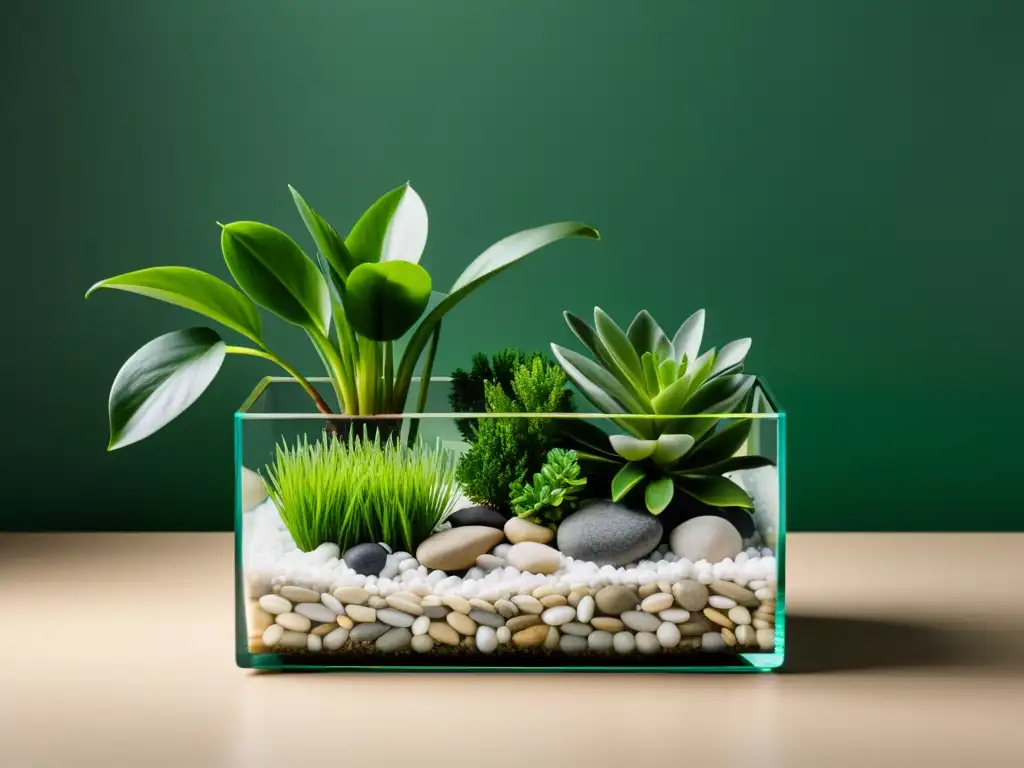 Jardín acuático interior: belleza serena y minimalista Un sereno minijardín acuático para interiores con plantas acuáticas exuberantes y agua clara en un moderno recipiente