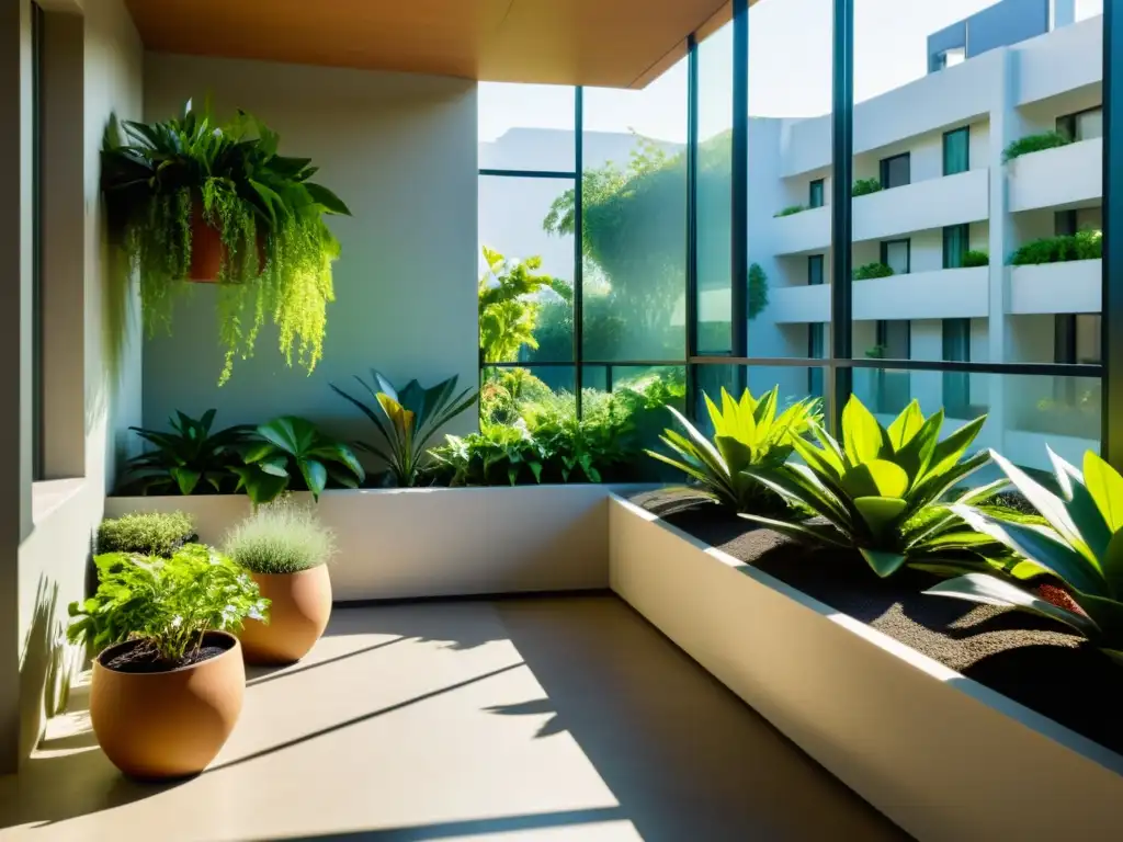 Un jardín de balcón sereno bañado por una hermosa iluminación natural, destacando plantas de interior