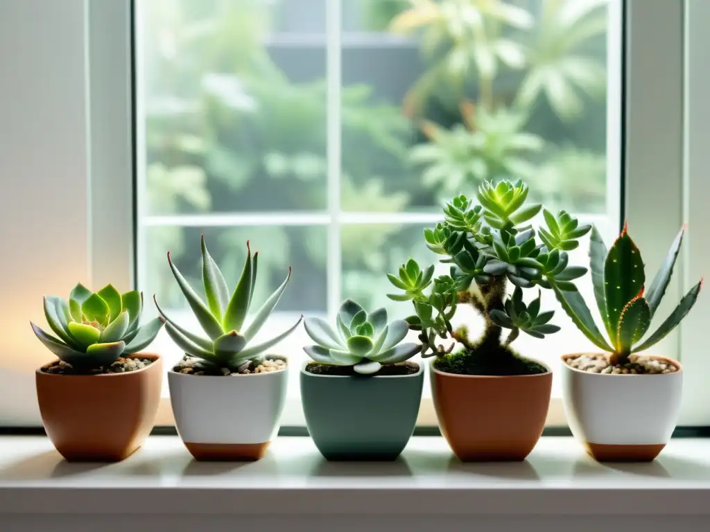 Un sereno jardín interior con suculentas y cactus en macetas geométricas