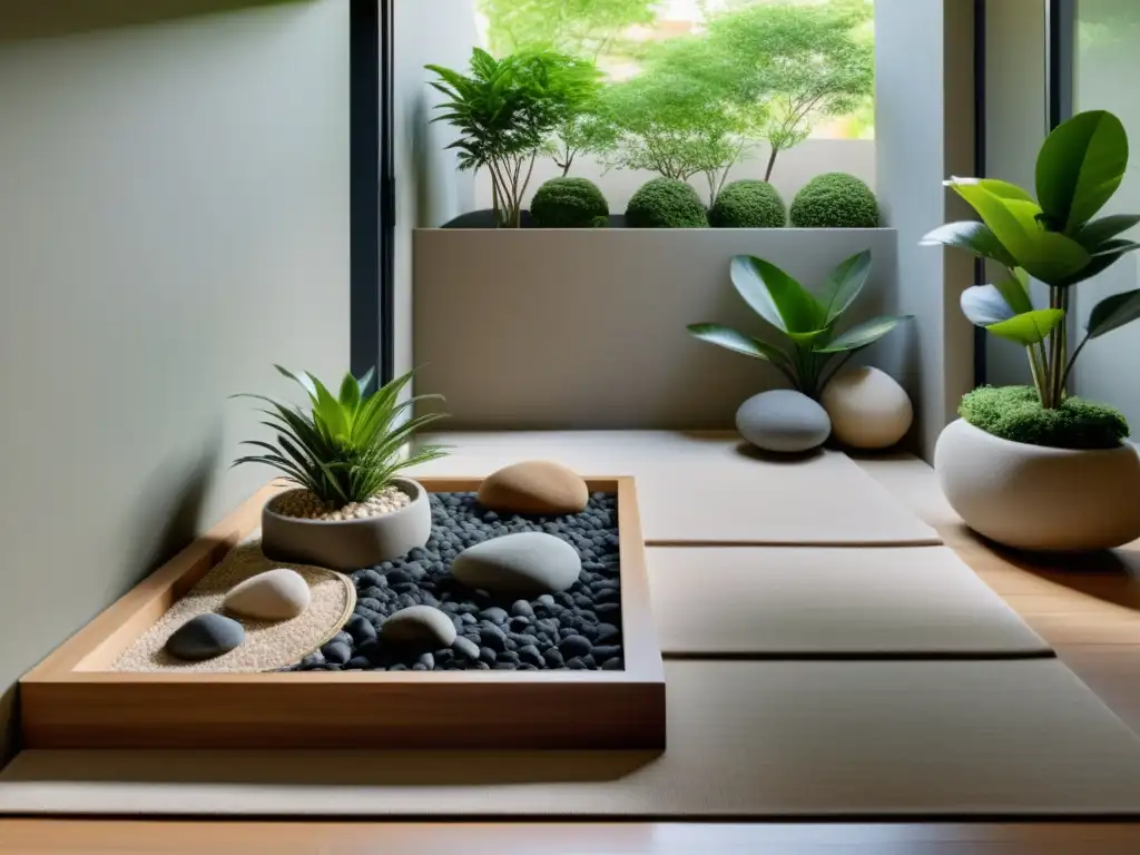 Un sereno jardín zen en el balcón con diseño minimalista, rocas cuidadosamente dispuestas, un pequeño jardín de arena y plantas