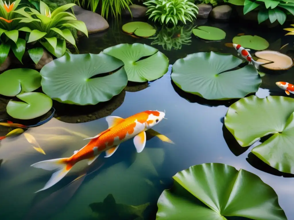 Jardín acuático interior sereno con elementos sonoros y koi nadando entre nenúfares