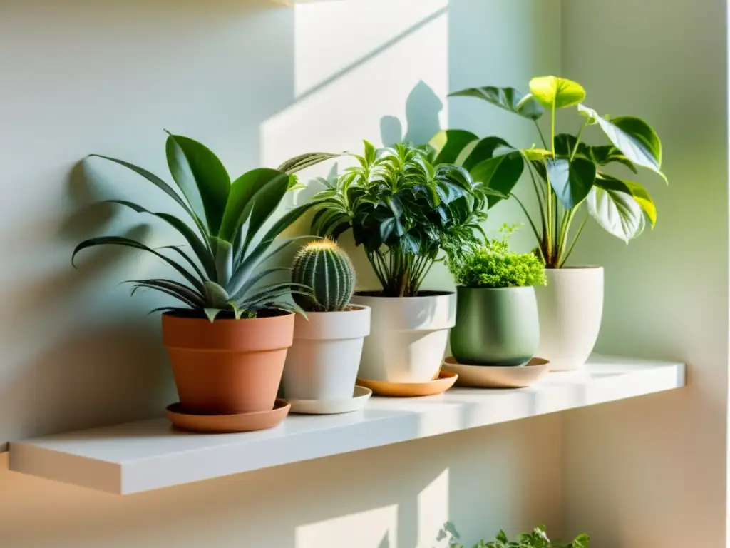 Un sereno jardín interior con plantas en estantes blancos