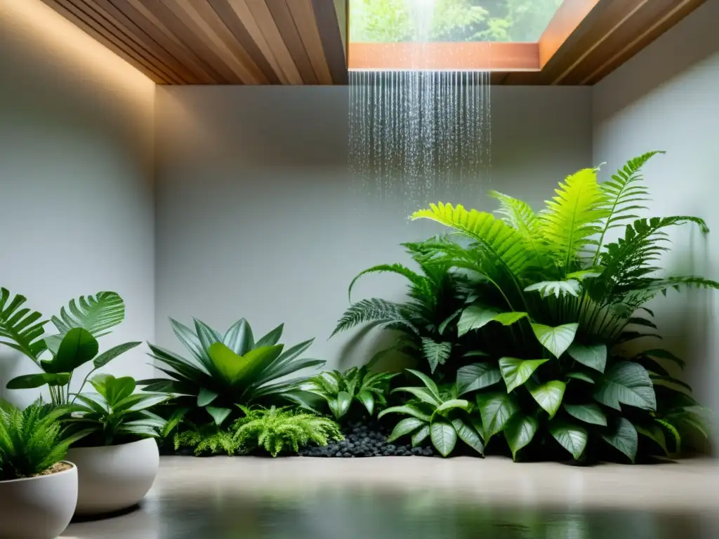 Un sereno jardín de lluvia interior con exuberante follaje verde, helechos delicados y pequeñas cascadas de agua