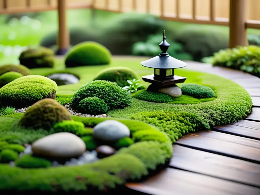 Un jardín de musgo japonés sereno y minimalista con rocas cuidadosamente dispuestas, un camino sinuoso y musgo verde exuberante