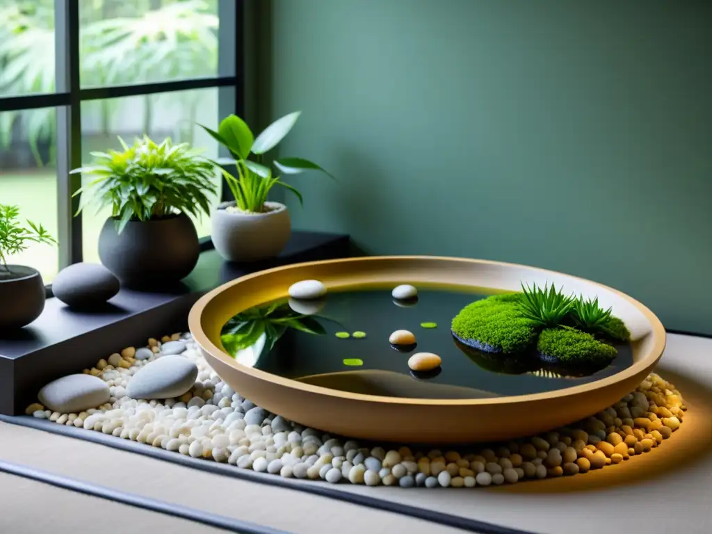 Un jardín acuático interior zen sereno, con un pequeño estanque rodeado de piedras y plantas elegantes